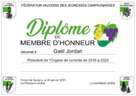 Diplôme membre d'honneur, Gaël Jordan