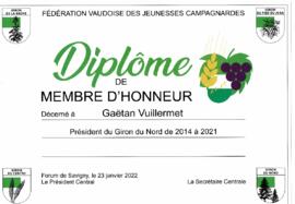 Diplôme membre d'honneur, Gaetan Vuillermet