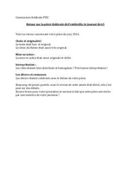 Compte rendu de la commission théâtrale, Jeunesse Froideville