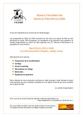 Correspondance, Giron du Pied à Apples, Tout ménage séance d'information