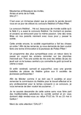 Discours & chanson de la caissière FVJC, Concours théâtral à Poliez-Pittet