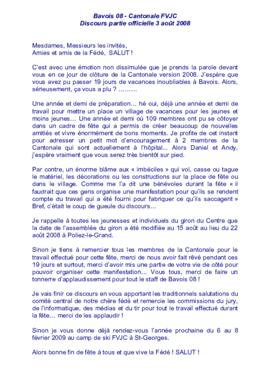 Discours de la caissière FVJC, Cantonale à Bavois