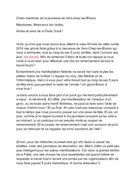 Discours de la caissière FVJC, Giron du Centre à VCLB