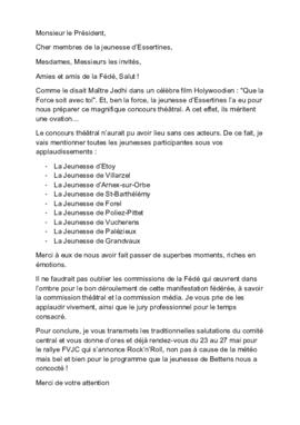 Discours du caissier FVJC, Concurs théâtral à Essertines-sur-Yverdon