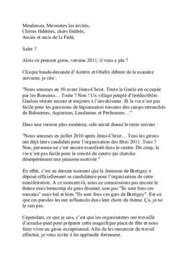 Discours du caissier FVJC, Giron du Centre à Bretigny