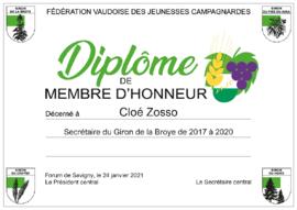 Diplôme membre d'honneur, Cloé Zosso
